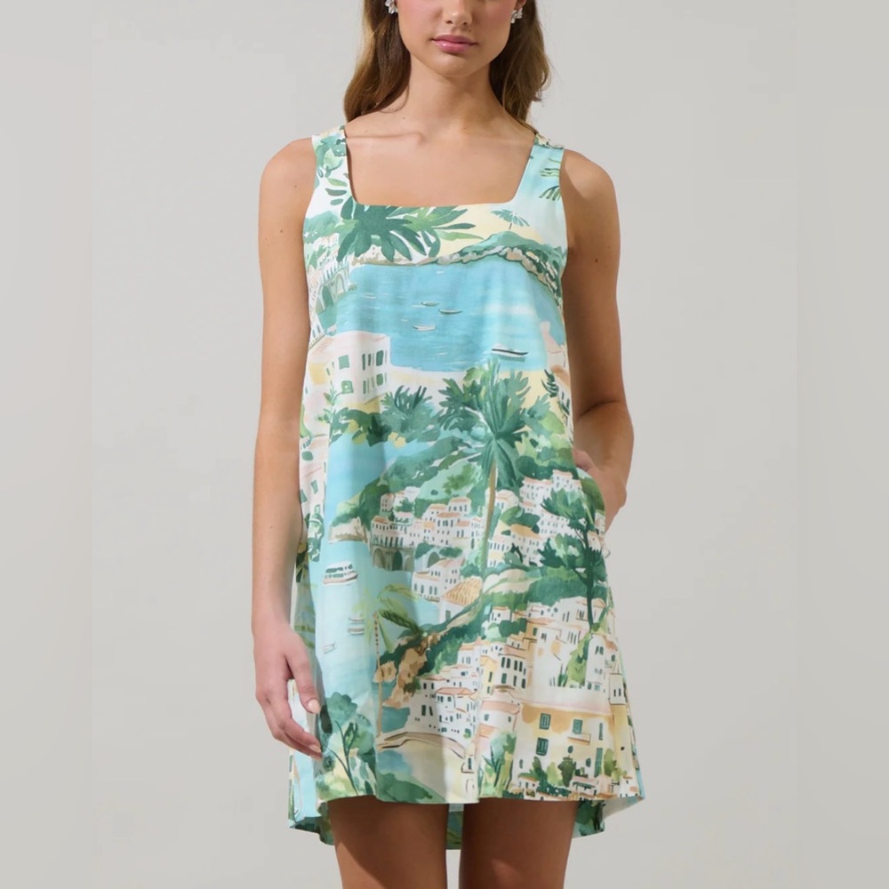 Sugar Lips Piti Town Zenica Shift Mini Dress NWT Aqua Multi Square Neck M